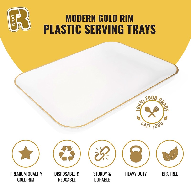 Plastic Serving Trays 3 Pack White And Gold 8x11 Inch Rectangular Party gallery