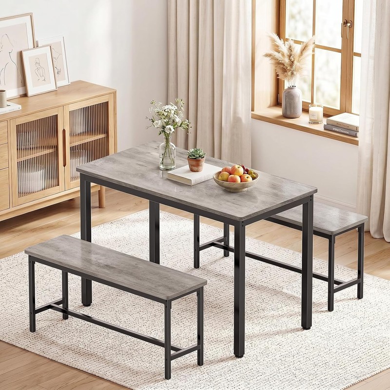 Dining Table Set 4 Kitchen Table W/ 2 Benchs Modern Functional 3-Piece Dining gallery