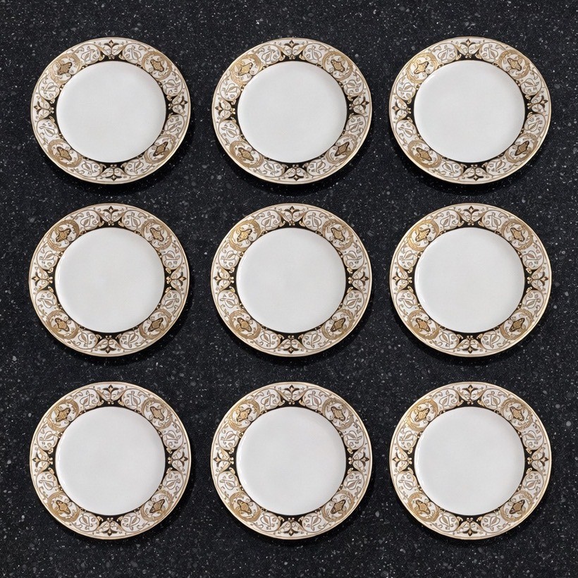 Noritake Christmas Ball Salad Plates Set of 11 Black Gold 20056 Vintage Ornate gallery