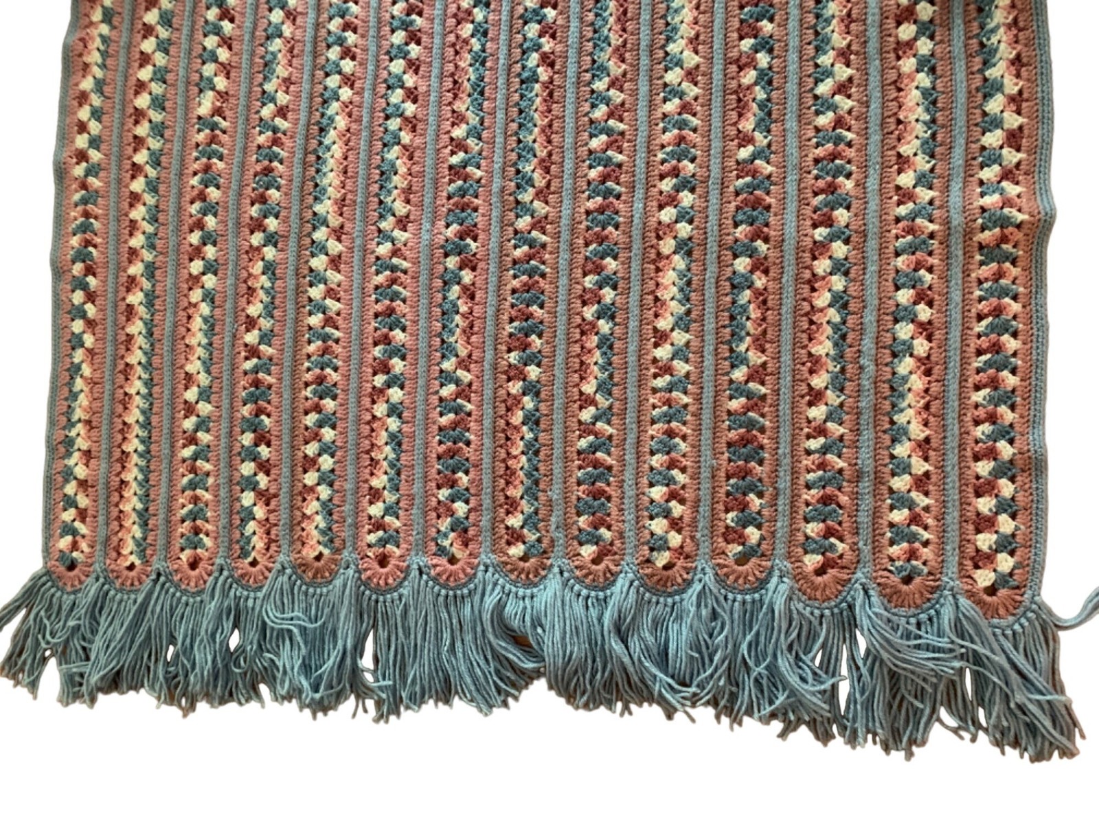 Handmade Mile a Minute Crochet Throw Blanket Fringe 44"x72" Soft Pastels gallery