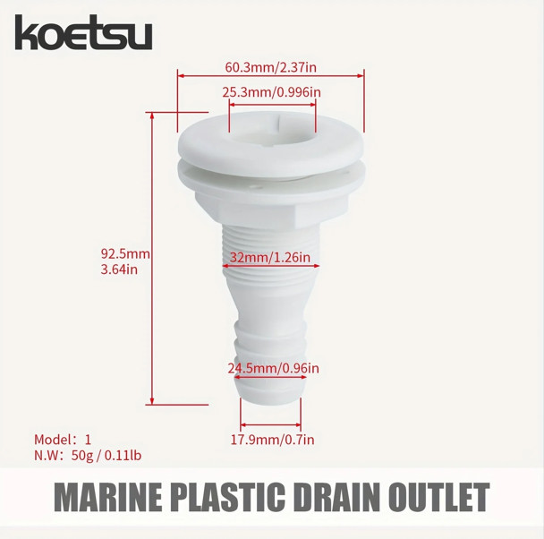 1” Thru Hull Fitting Marine Boat, Polypropylene, Plastic Drain Overflow Conne... gallery