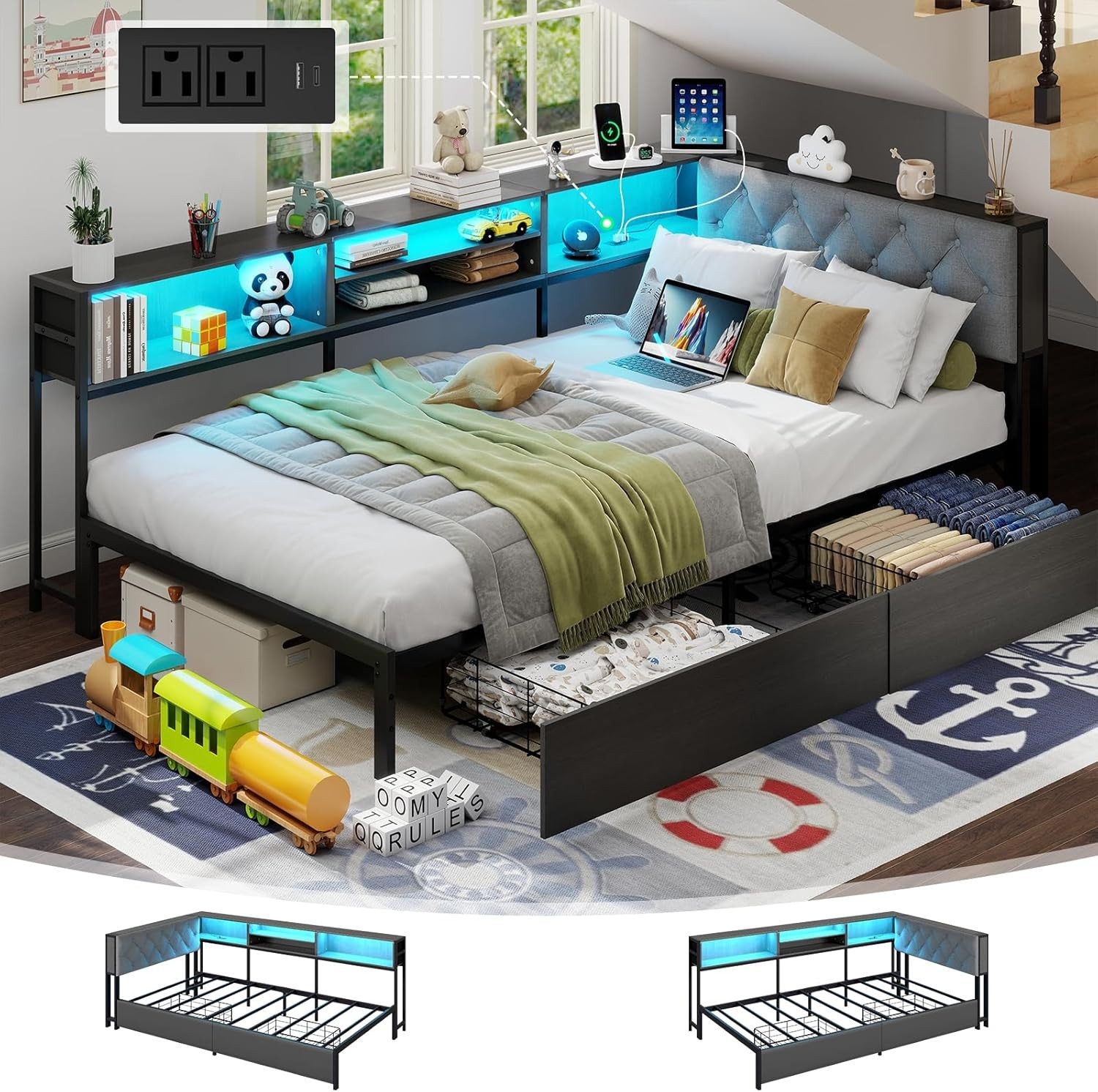 Twin XL Corner Bed Frame with 2 Storage Drawers and Bookself & Charging Station gallery
