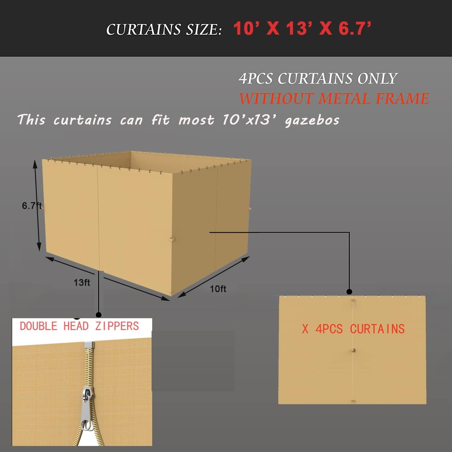 4-Piece, 10 x 13 ft, 100% Polyester Gazebo Sidewall Curtain Set - Khaki gallery