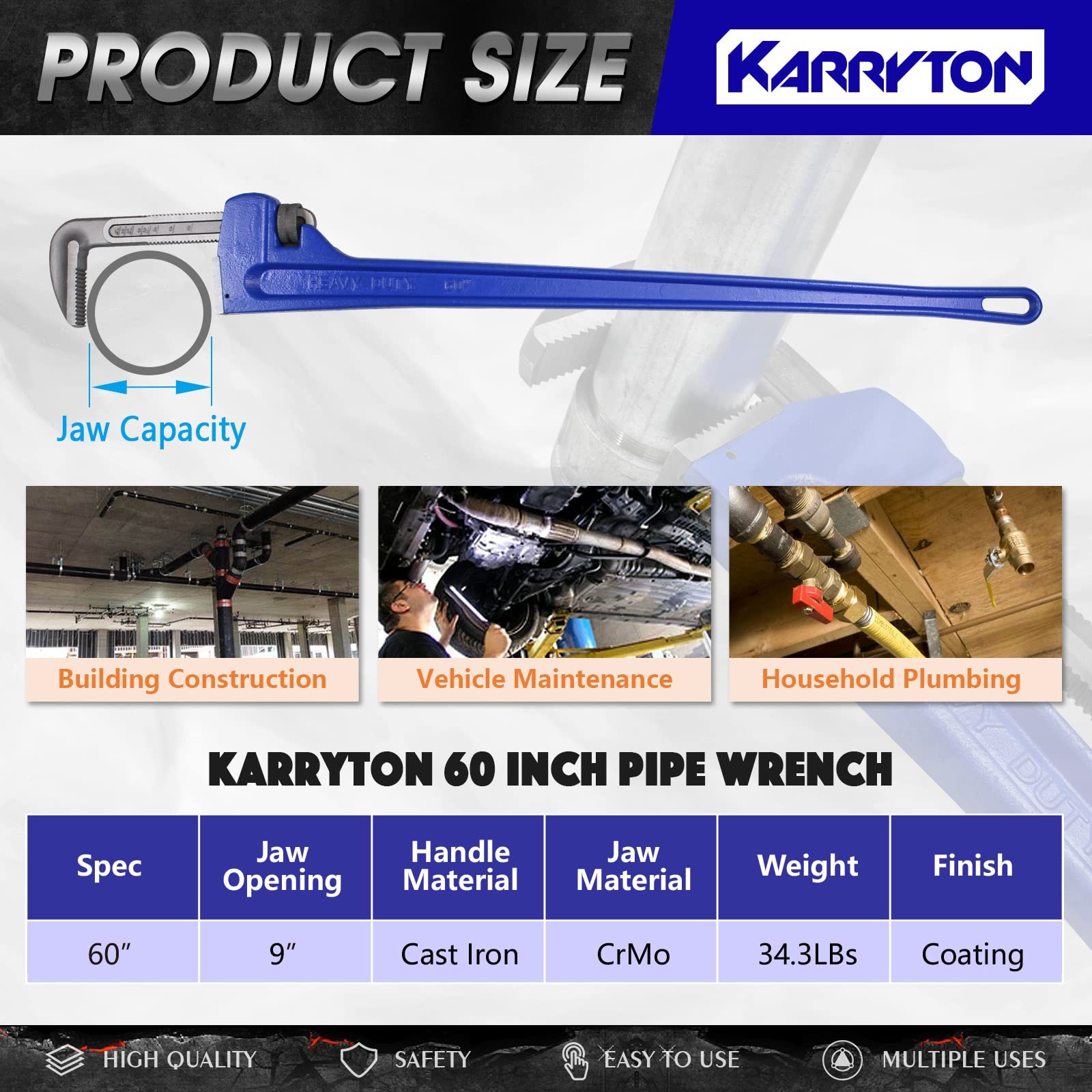 Pipe Wrench 60 Inch Adjustable Heavy Duty Cr Mo 228mm KT-PW KARRYTON Cast gallery
