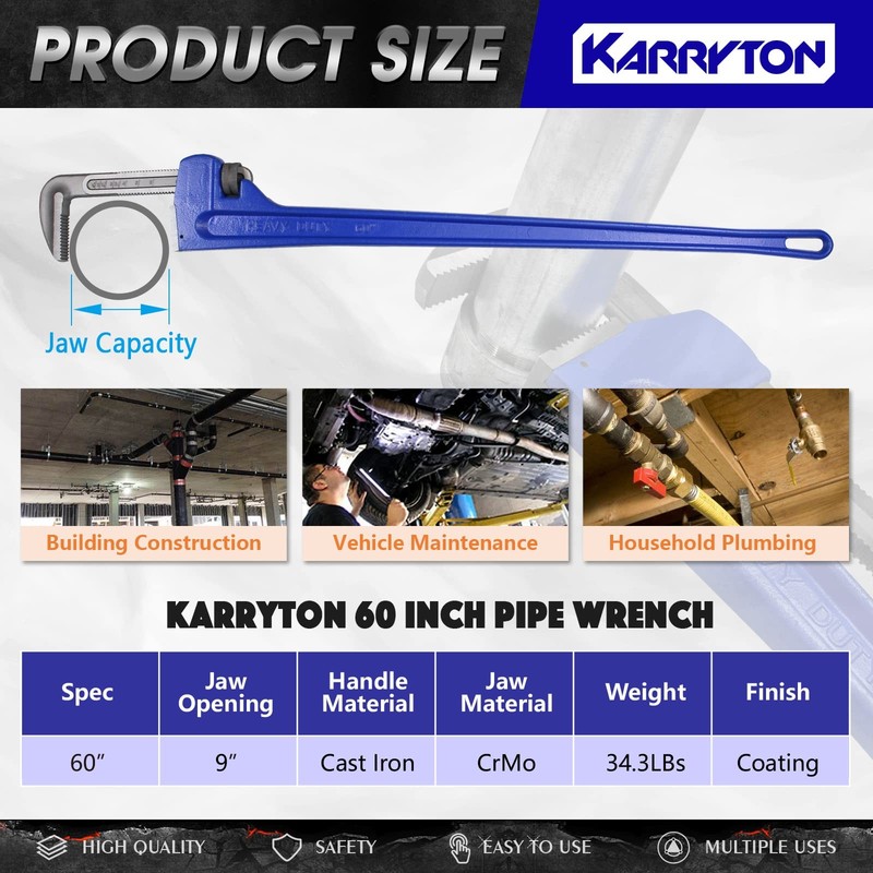 Pipe Wrench 60 Inch Adjustable Heavy Duty Cr Mo 228mm KT-PW KARRYTON Cast gallery