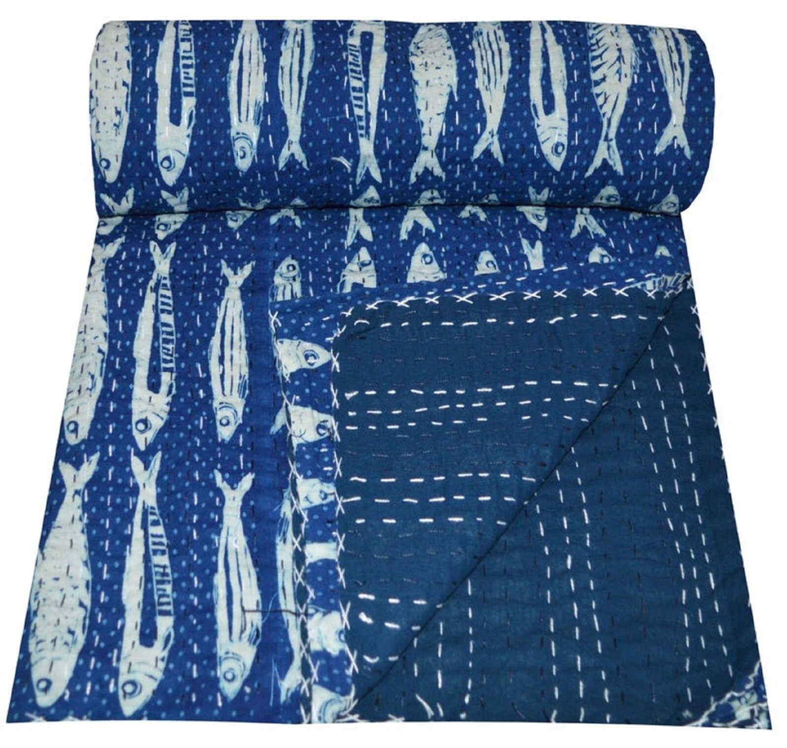 Blue Fish Block Printed Cotton Kantha Quilt Bedspread Blanket Queen Size Gifts gallery