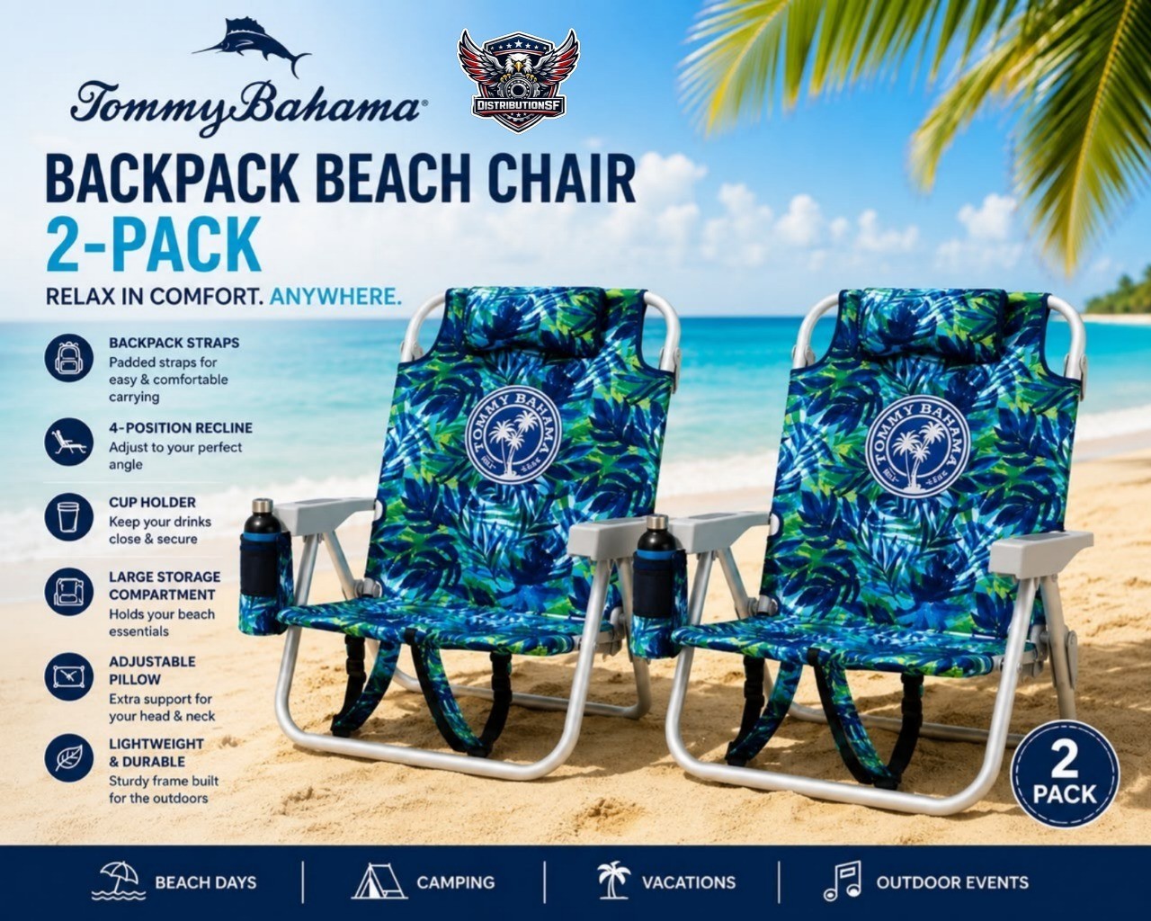 Tommy Bahama Backpack Beach Chair 2-Pack Folding Reclining Beach Chairs Cup gallery