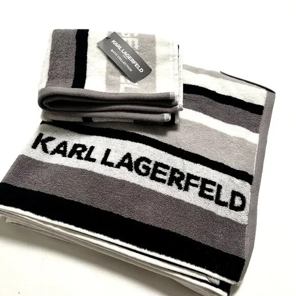 Karl Lagerfeld 2pc Cotton Bath & Hand Towel Set Gray Black White NWT gallery