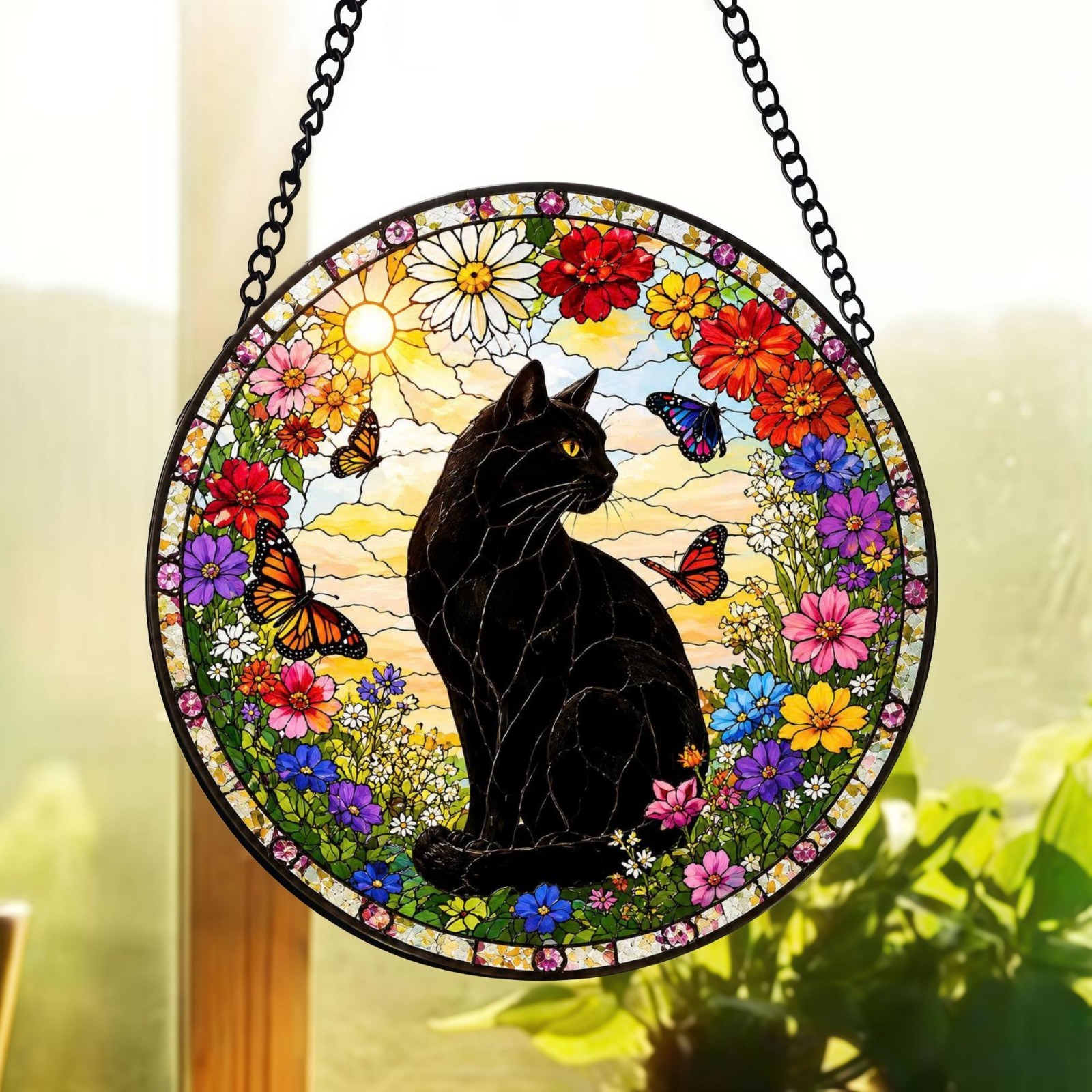 Black Cat Stained Glass Suncatcher, Cat Lover Window Hanging, Floral Garden Cat gallery
