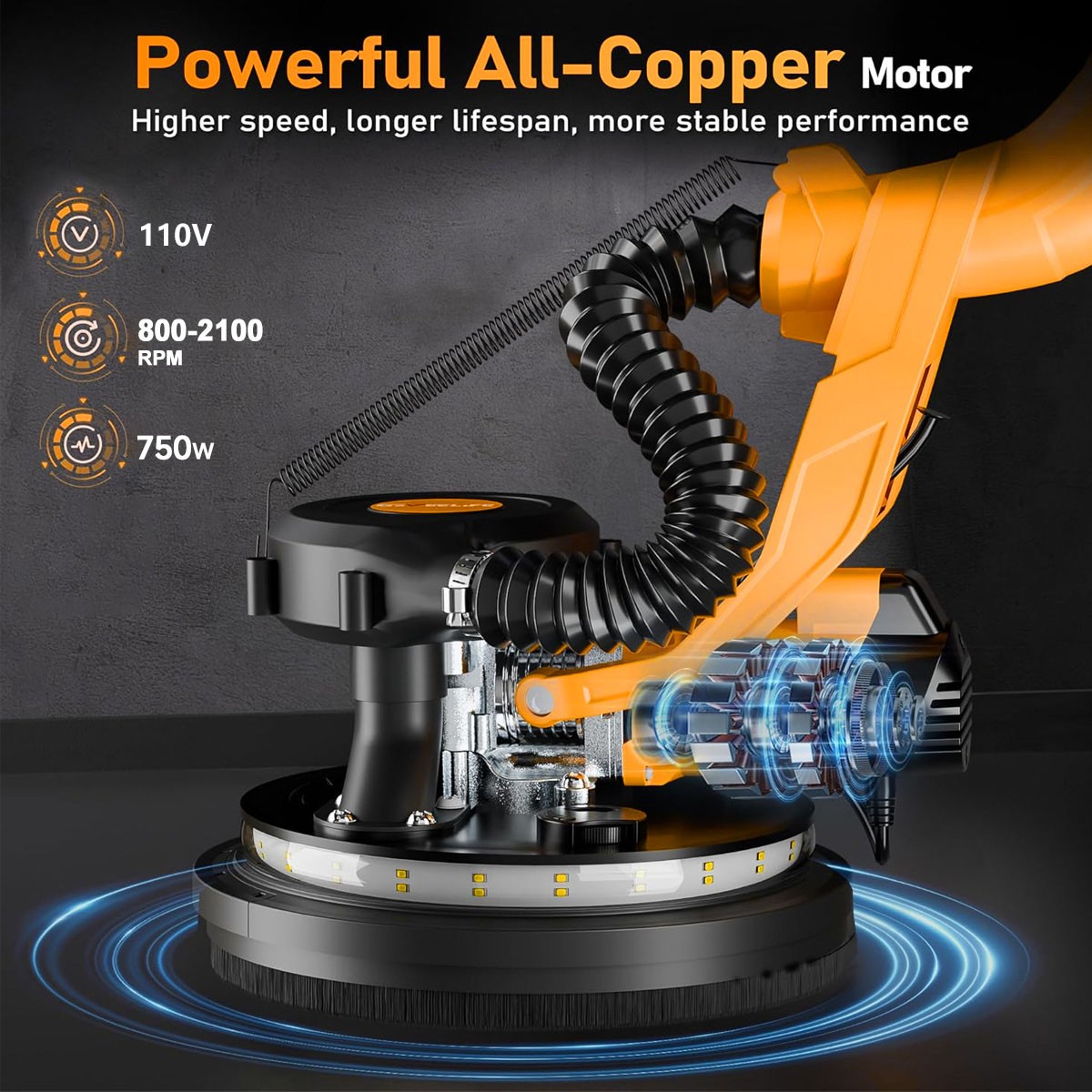 9" Drywall Sander 750W Pure Copper Motor, 6 Sanding Discs Included Foldable gallery