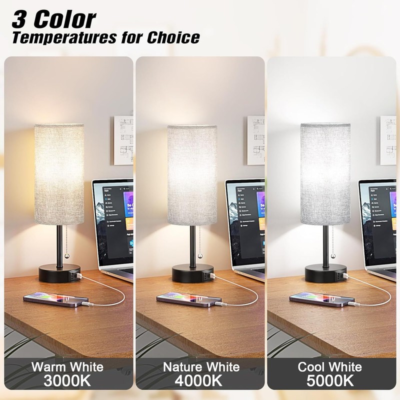 Gray Bedside Lamp for Nightstand - Small Table Lamp with USB A + C Charging Port gallery