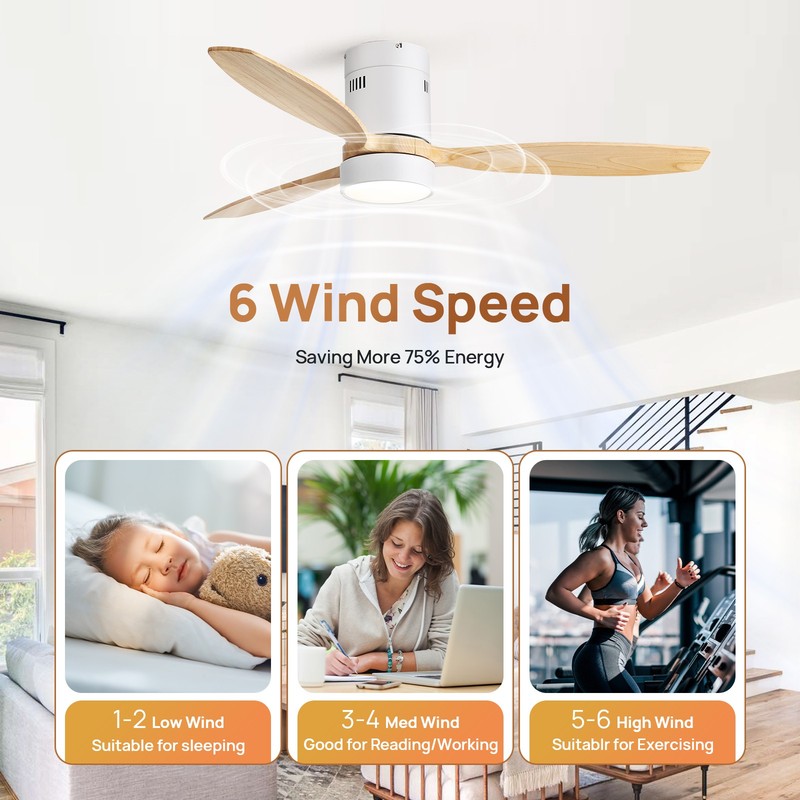 Sofucor 52 inch Solid Wood Low Profile Ceiling Fans w/ Lights and Remote Bedroom gallery