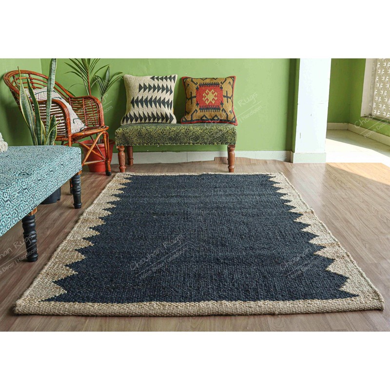 Indian Hemp Rectangle Jute Ru, Black With Beige Border Rug Vintage Rug Décor Rug gallery