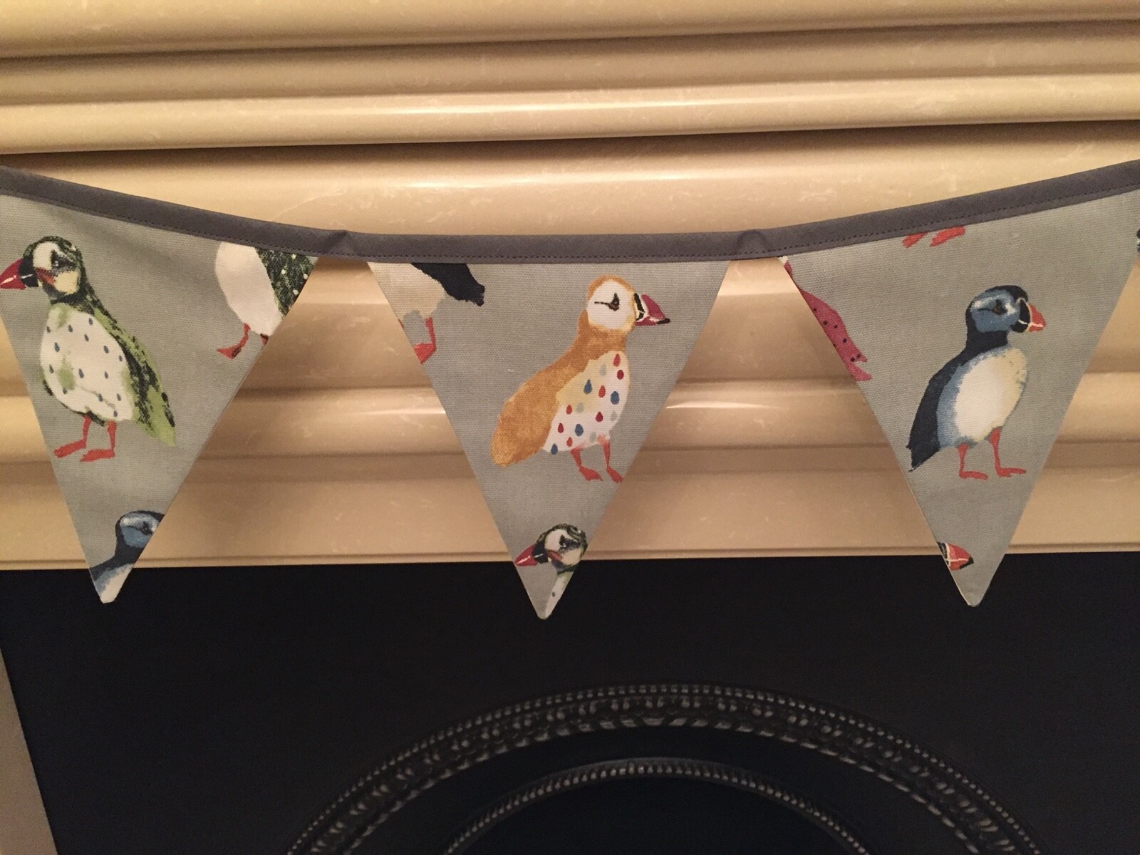 PUFFINS MULTI COLOURED DRIFTWOOD GREY FABRIC BUNTING 12CM X15CM ROW OF 6 FLAGS gallery