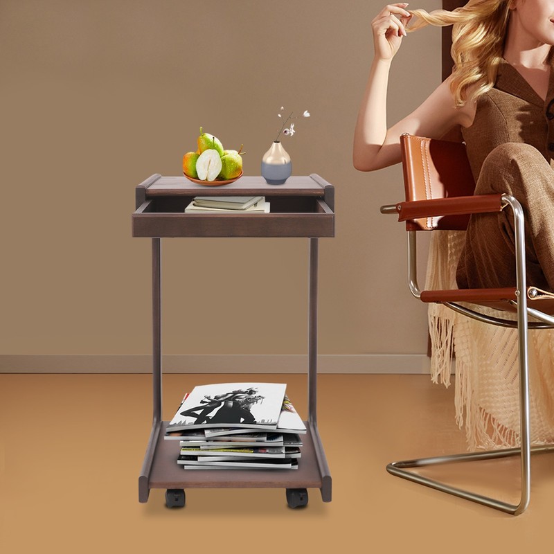 2-tierd Solid Wood Bedside C-shaped Side Table W/ Drawer & Lockable Wheels gallery