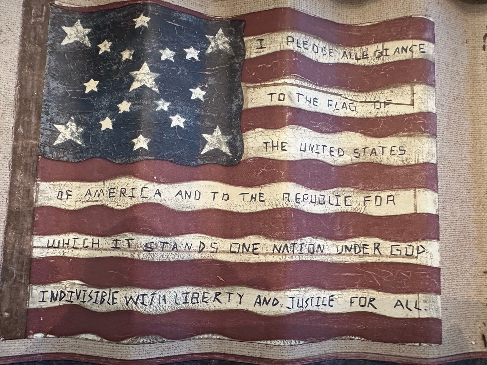 PRIMITIVE BARNWOOD FRAME W/ “PLEDGE Of ALLEGIANCE” ON FLAG PAINTED ON METAL gallery
