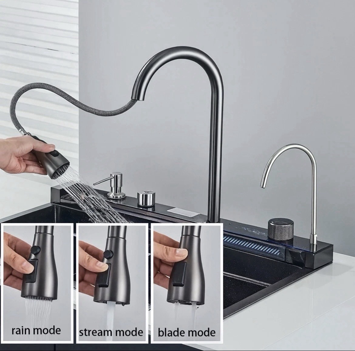 30 x 18” Waterfall Kitchen Sink Flying Rain Pull-Out Faucet w/ Cup Washer gallery