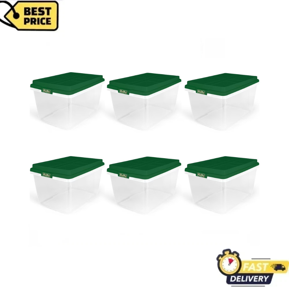 Hefty 72 Qt Clear Plastic Storage Bin, Green Hi-Rise Lid, Stackable Tote, 6 Pack gallery