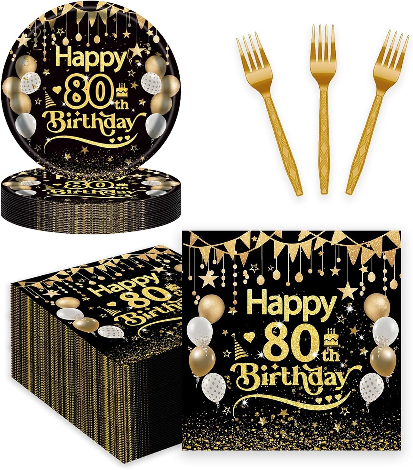 75pcs 80th Birthday Party Tableware Set, Black Gold Adult Happy 7IN, 80 gallery