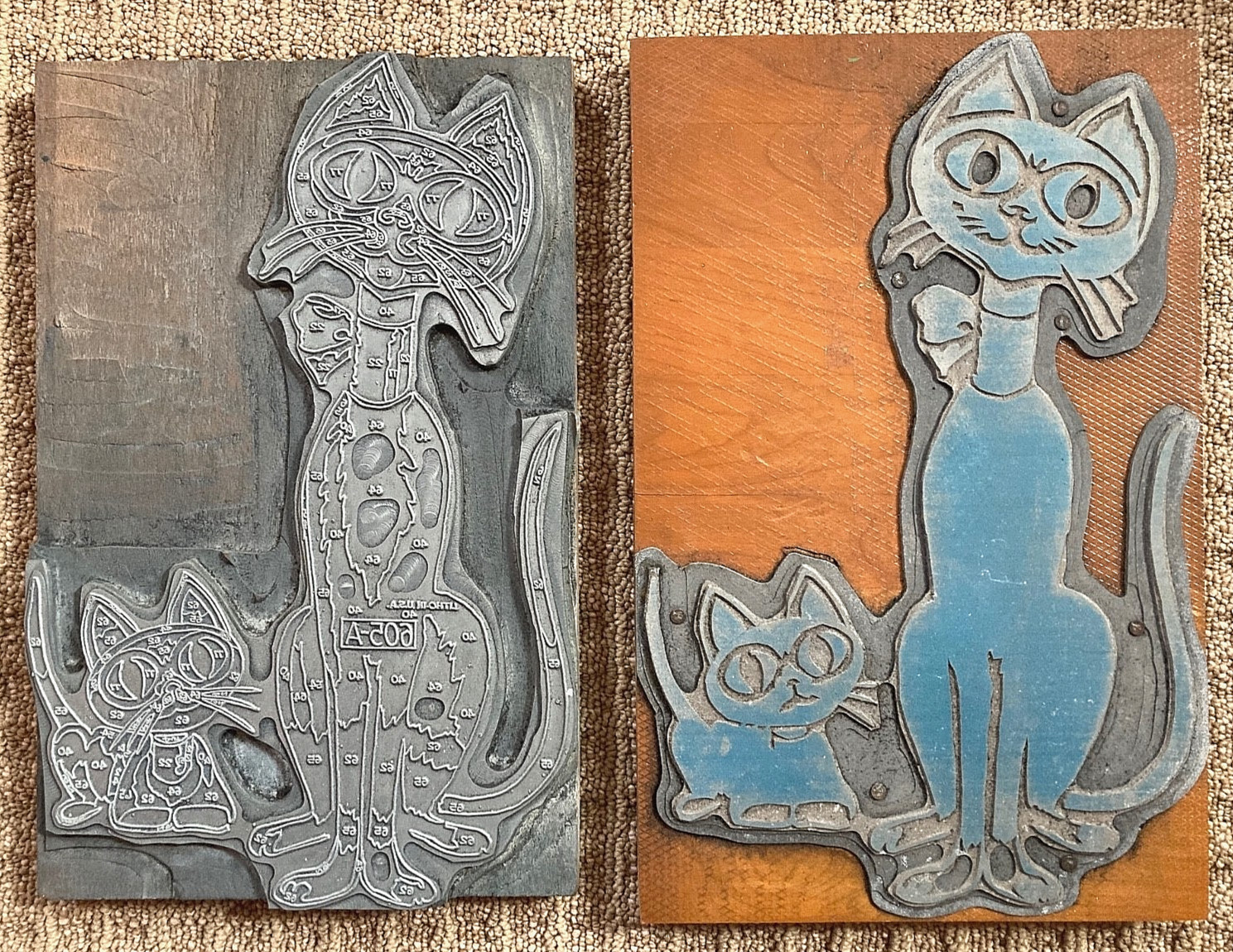 (2) "ATOMIC CAT" MID-CENTURY MODERN PAINT BY NUMBER PRINTING PLATE BLOCKS 1950's gallery
