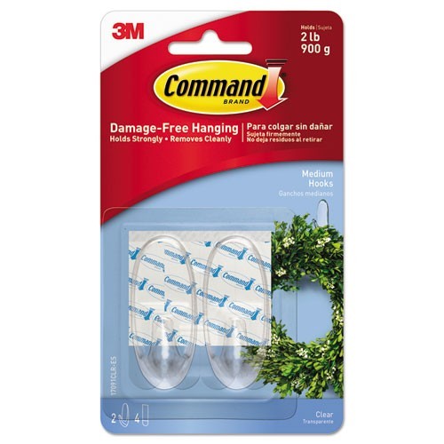 Command Medium Clear Hooks, Plastic, Supports 2 lb, 2/Pack, 3 Packs