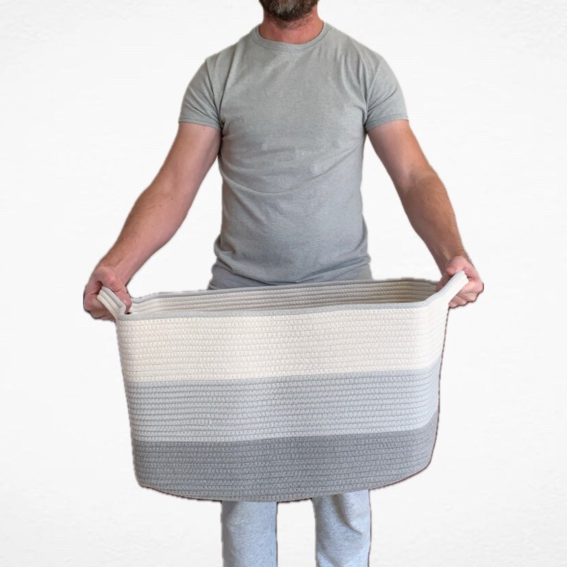 Large gray & white cotton rope basket, blanket basket, storage basket, laundry gallery