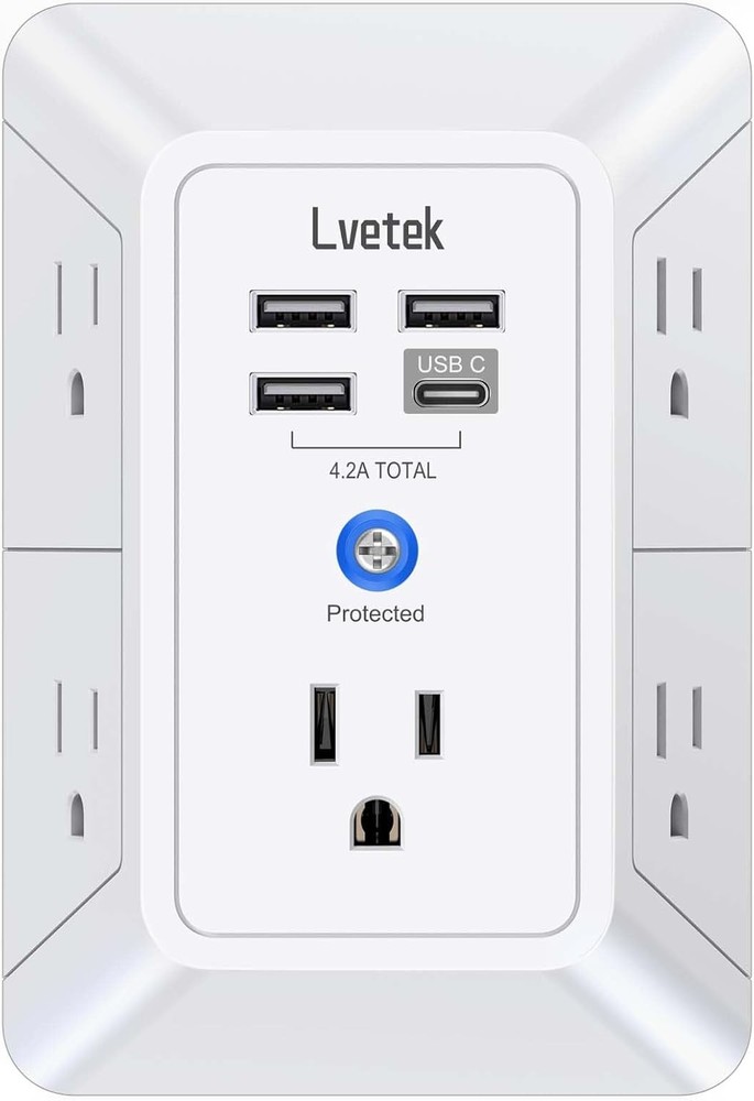 5 Outlet Extender Multi Plug Wall Outlets with 4 USB Charging Ports 1 USB C O...