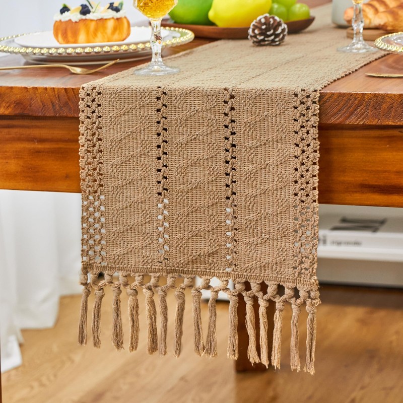 Brown Boho Table Runner Spring Burlap Coffee with Tassels 72 Inches Long for ... gallery