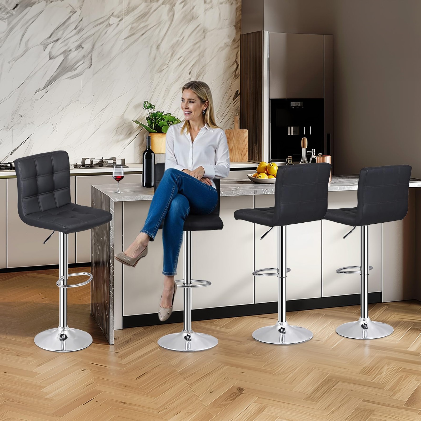 ZENY Adjustable Swivel Barstools Set of 2, Modern PU Leather ASIN, Black gallery