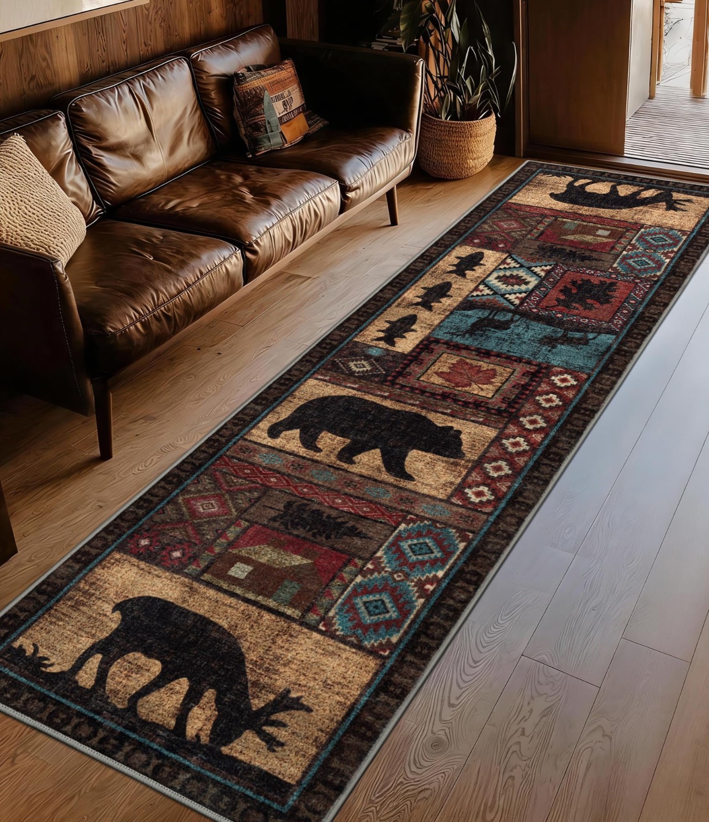 Rustic Bear Cabin Runner Rug 2x8 - Non-Slip Indoor Entryway Mat, Low Pile Tribal gallery