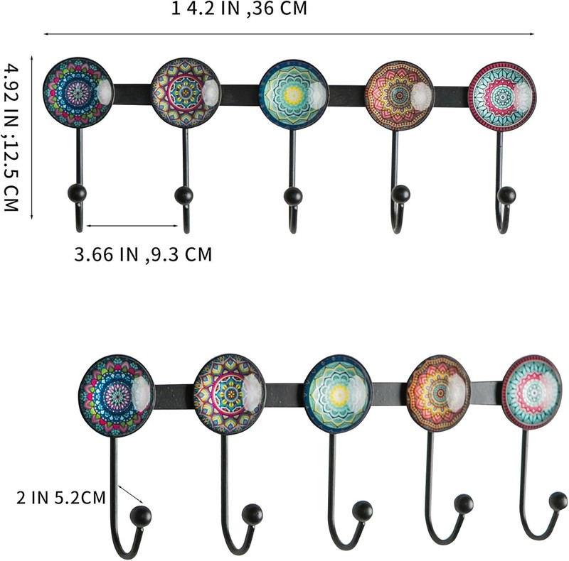 Boho Coat Rack Wall Mounted with 5 Hooks, Multi-Color Mandala Pattern Decorative gallery