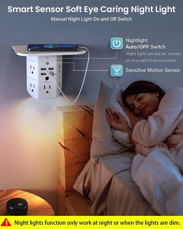 Outlet Extender for Wall with Shelf and Night Light, 3 USB Ports 1 USB C Outlet gallery