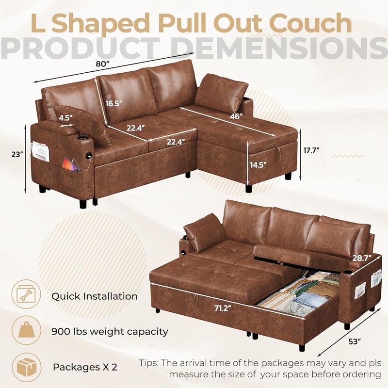 Sectional Sleeper Sofa Couch Leather Pull Out Bed Reversible Storage Chaise USB gallery
