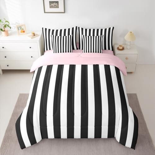 Black and White Striped Size Comforter Set with Sheets | Twin Black Pink White gallery