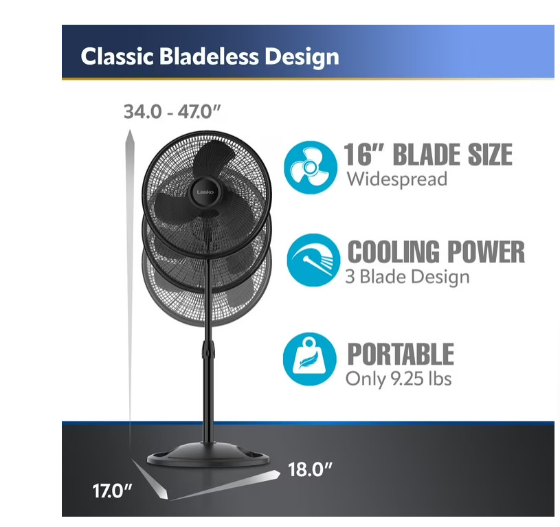Lasko 16” 3-Speed Adjustable Oscillating Pedestal Fan, Black, S16500 New gallery