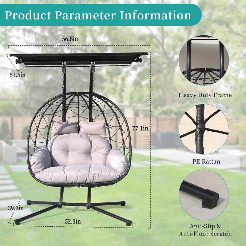 Double Swing Egg Chair w/ Stand Cushion Hanging Chair Hammock Chair w/ Woven gallery
