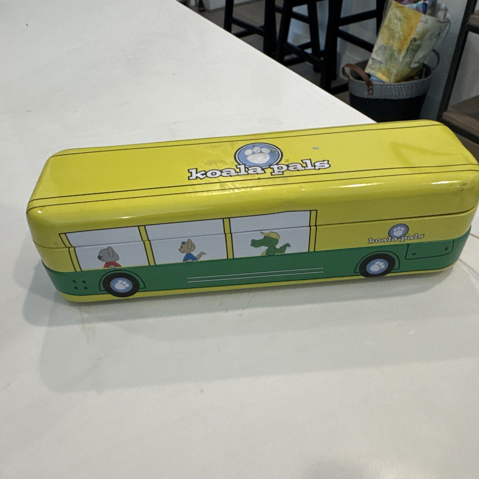KOALA PALS BUS SCHOOL PENCIL CASE METAL TIN BOX ON WHEELS, W/PULL STRING gallery