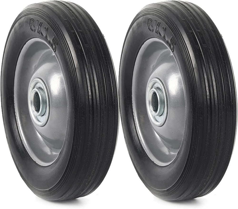 (2-Pack) 6” X 1.5” Flat Free Solid Rubber Wheel Assemblies - Replacement Hand T