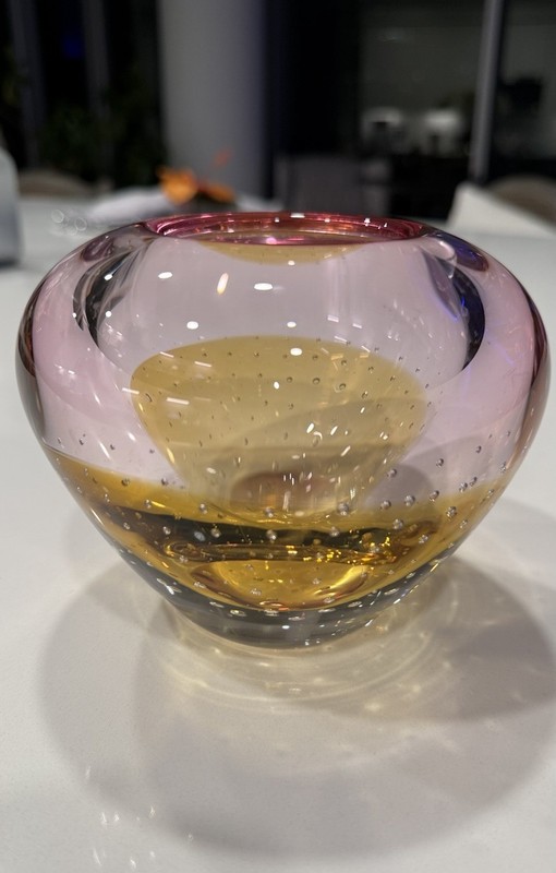 Art Glass Vase Amber Pink Controlled Bubble Heavy Hand Blown 4”x 5” Bohemian gallery