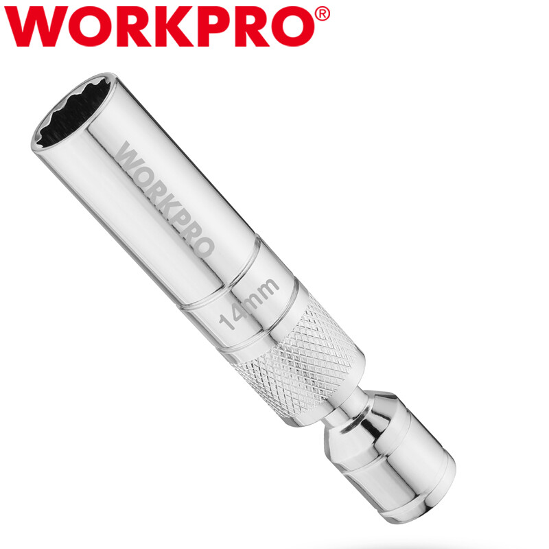WORKPRO 14mm Magnetic Swivel Spark Plug Socket 12 PT 3/8" Drive x 4" 360° Swivel gallery