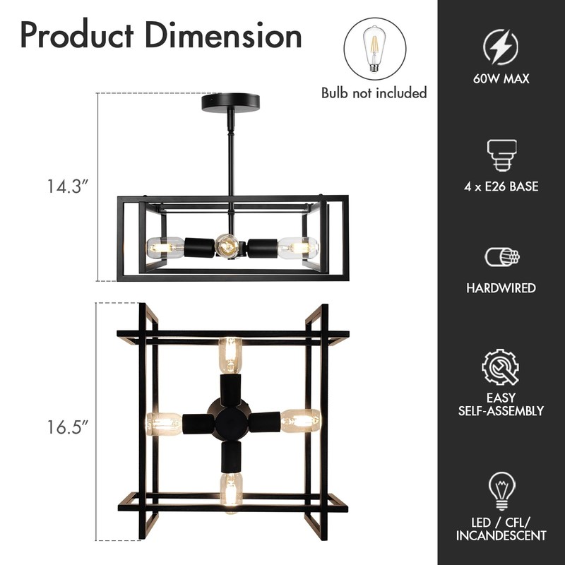 Modern Black Semi Flush Mount Ceiling Light Fixture 16.5", 4-Light Industrial... gallery