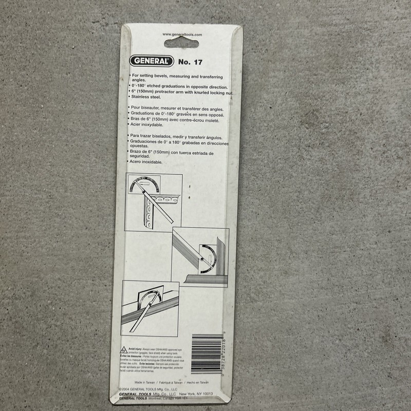 PROTRACTOR By GENERAL TOOLS MODEL 17 STAINLESS STEEL 0-180 Degrees gallery