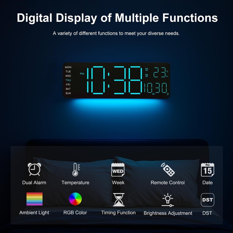 JoFomp LED Digital Clock Large Display with RGB Color Remote Control, 13" Lar... gallery