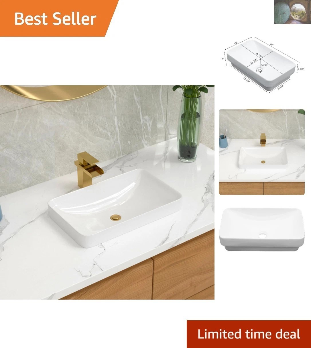 19x12 Inch White Ceramic Vessel Sink - Modern Semi-Recessed Bathroom Elegance gallery