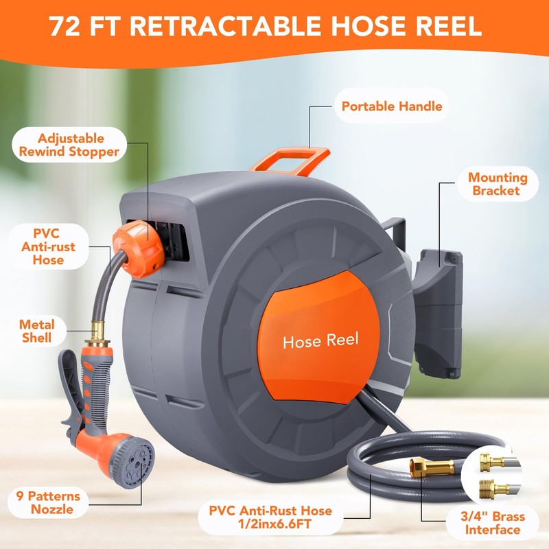 1/2 in x 72 ft Wall Mounted Retractable Garden Hose Reel w/ 9 Function Sprayer gallery