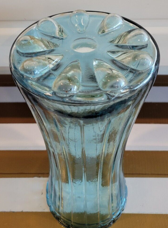 TEAL BLUE MULTIPANELED GLASS FLOWER VASE 9 INCHES DIAMETER 3.75 INCHES gallery