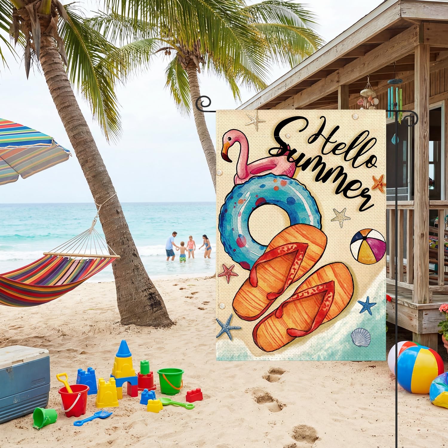 Hello Summer Garden Flag 12x18 Inch Double Sided Outside, Flip Flops Pool Flo... gallery