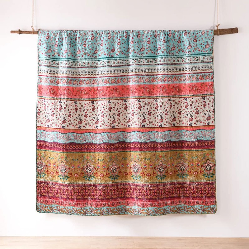 Boho Style King Quilt Set Reversible Bohemian Floral Strip Quilt Beddding Set... gallery