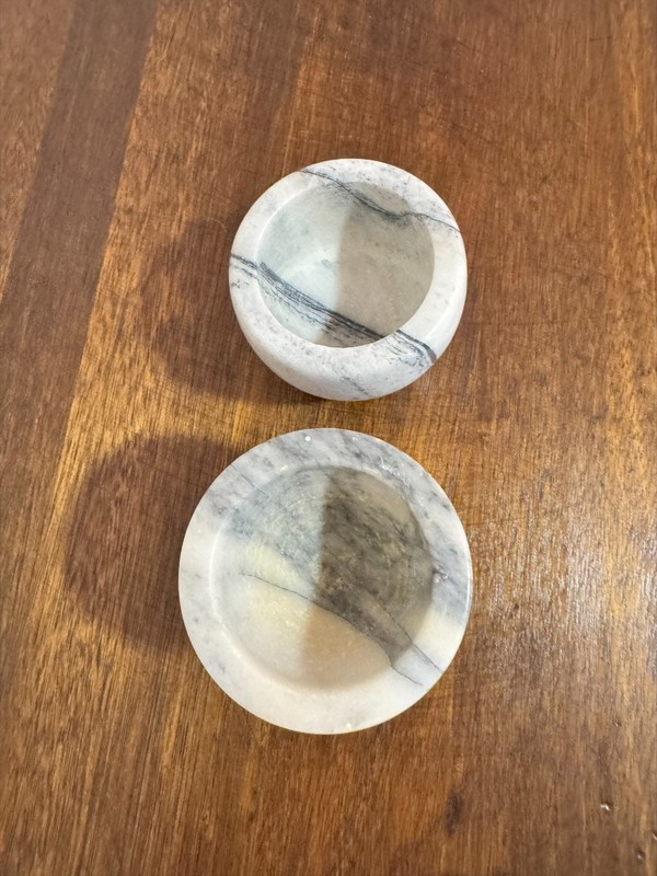 Pair Vintage Solid Marble Bowls Cups Gray Veined Stone Heavy Hand Carved Set gallery