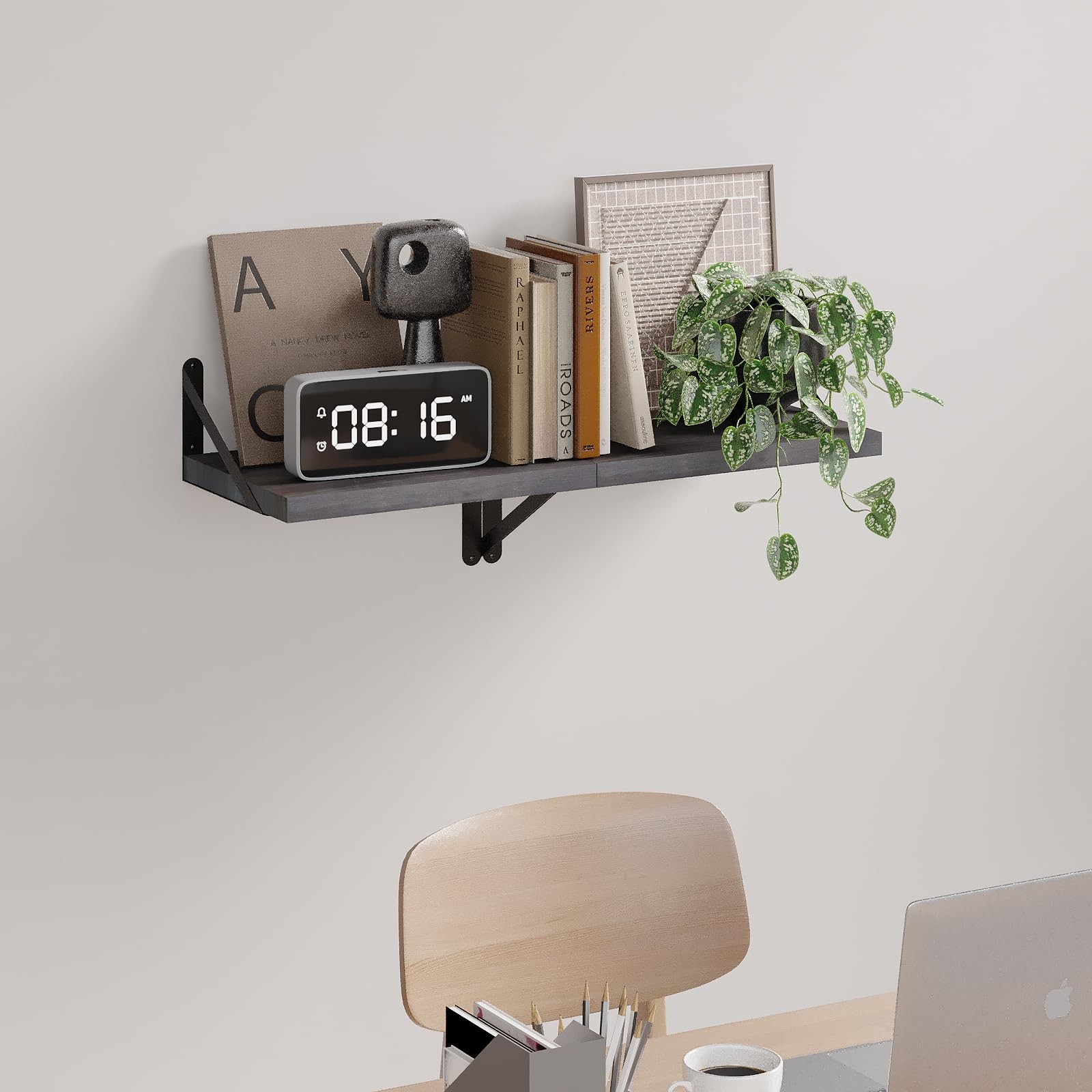 2 PCS Rustic Grey Wood Floating Shelves Wall Mount Bookshelf Bedroom Bathroom gallery